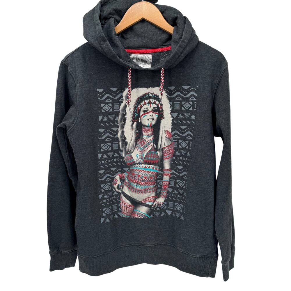 Riot Society Hoodie Mens Small Gray Pullover Native American Woman Tribal Bikini